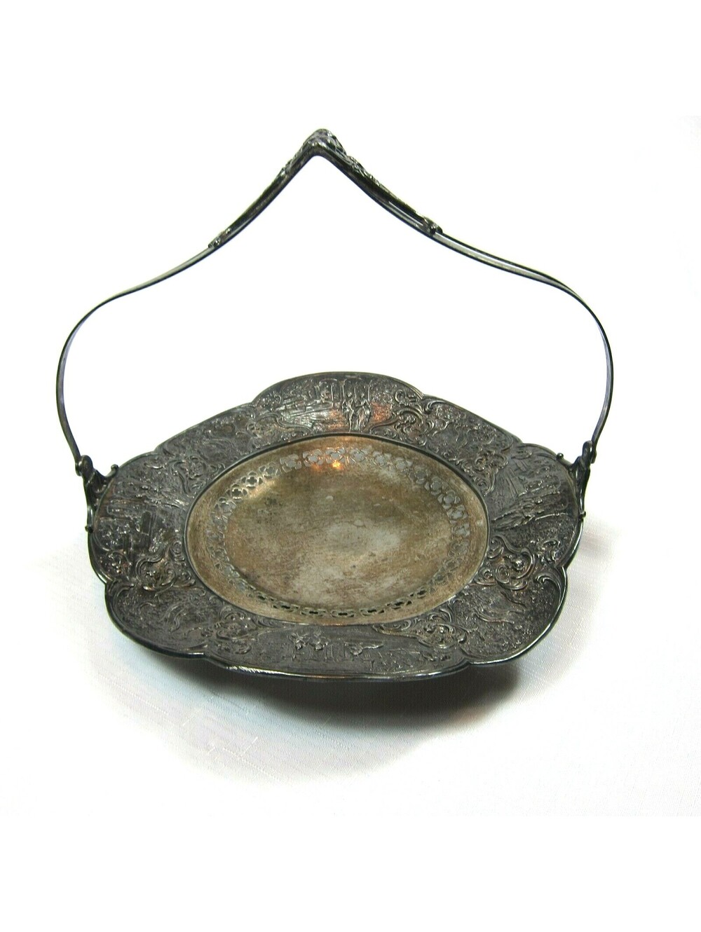 Antique 1910s Silverplate Repousse Cake Basket Sheffield USA Weidlich Bros Mfg